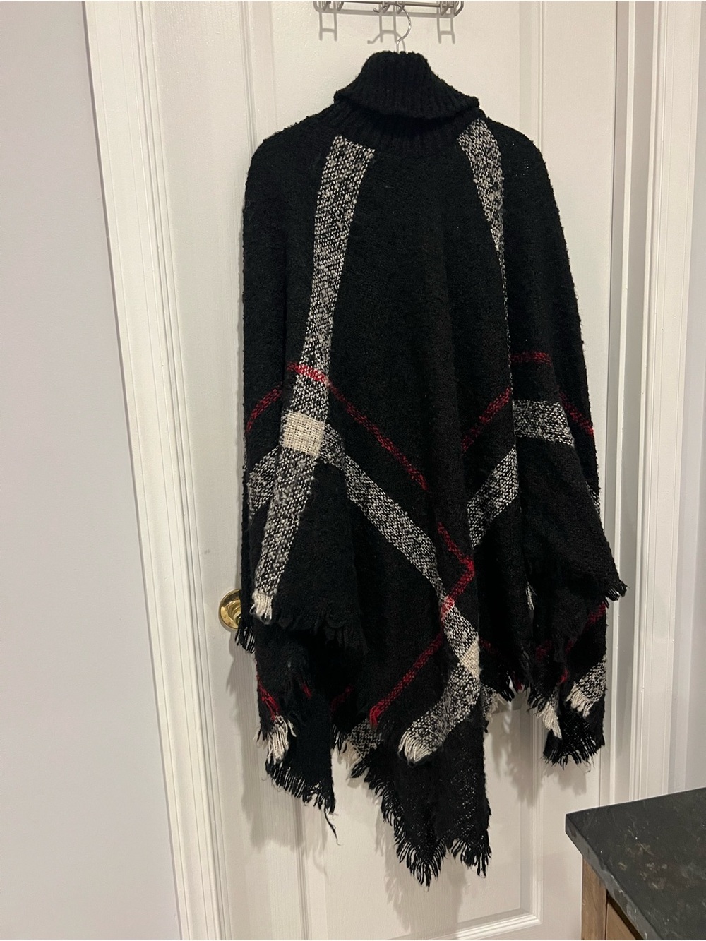 Heimish Black, Red, and White Plaid Fringe Throw Poncho - One Size Women’s